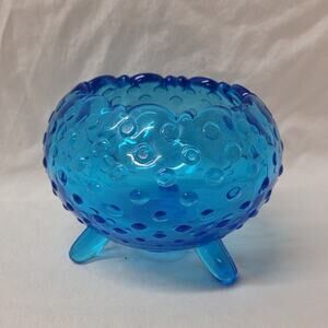 Footed Hobnail Blue Glass Bud Vase Vintage